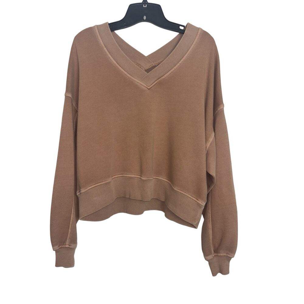 Aerie House Party Tan V-Neck Cropped Oversized Sweatshirt XS Boxy Slouchy